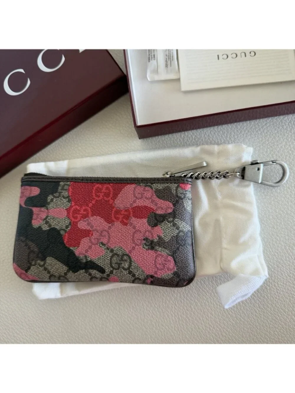 NEW Gucci GG Monogram & Marbled Pink & Red Camouflage Key Case Coin Authentic